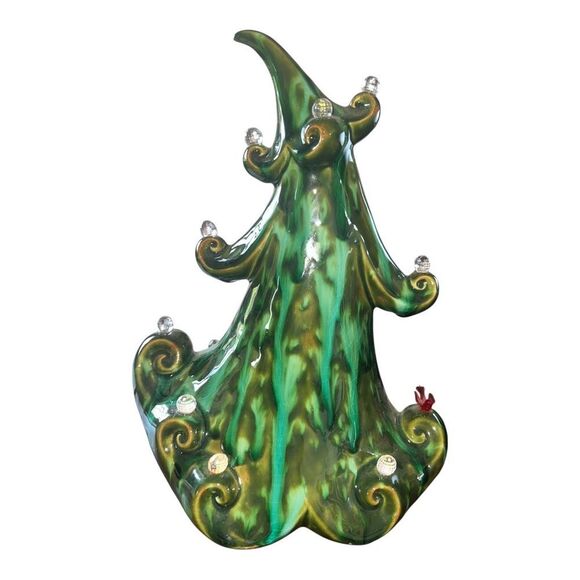 Glazed Ceramic Green Jolly Christmas Tree w/ Red Bird & Clear Ornaments EUC - Picture 1 of 8